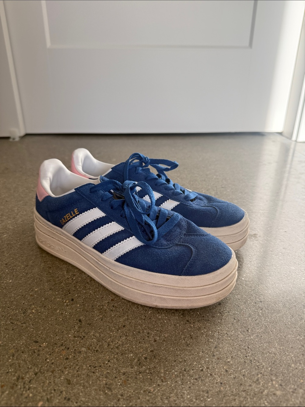Adidas Blue Suede Platform Gazelle Sneakers with White Stripes